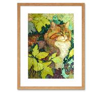 Artery8 Wall Art Print Ginger Cat Hiding in the Bush Tree Modern Colourful Artwork Framed 9X7 Inch in Beige | Size: W7" x H9" Artery8 Beige W7" x H9"
