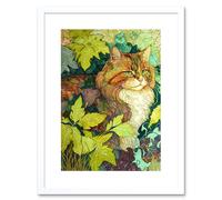 Artery8 Wall Art Print Ginger Cat Hiding in the Bush Tree Modern Colourful Artwork Framed 9X7 Inch in White | Size: W7" x H9" Artery8 White W7" x H9"