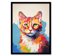 Artery8 Framed Wall Art Ginger Cat Lover Gift Pet Portrait Colourful Artwork Painting - 12X16 Inch