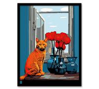 Wall Art Print Ginger Cat on Table with Flowers Stylised Rose Bouquets Framed Art Artery8 Multi A4