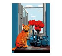 Artery8 Wall Art Print Ginger Cat on Table with Flowers Stylised Rose Bouquets Poster | Size: W24" x H32" Artery8 Multicolor W24" x H32"