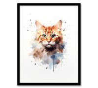 Artery8 Ginger Orange Cat Lovers Gift Watercolour Pet Portrait Painting Artwork Artwork Framed Wall Art Print A4