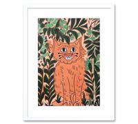 Artery8 Wall Art Print Ginger Orange Tabby Cat in Plants Modern Folk Artwork Framed 9X7 Inch in White | Size: W7" x H9" Artery8 White W7" x H9"