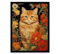 Artery8 Ginger Tabby Cat Floral Painting Orange Red Spring Flower Blooms Detailed Retro Style Low-Key Animal Portrait Art Print Framed Poster Wall Decor 12x16 inch