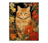 Wall Art Print Ginger Tabby Cat Floral Painting Orange Red Spring Flower Blooms Detailed Retro Style Low-Key Animal Portrait Poster Artery8 Green W24 inch x H32 inch