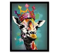 Artery8 Wall Art Print Giraffe Wearing Rainbow Crown King Queen Pop Art Framed in Black | Size: W12" x H16" Artery8 Black W12" x H16"