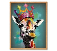 Artery8 Wall Art Print Giraffe Wearing Rainbow Crown King Queen Pop Art Framed in Light Oak | Size: W12" x H16" Artery8 Light Oak W12" x H16"