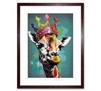 Artery8 Wall Art Print Giraffe Wearing Rainbow Crown King Queen Pop Artwork Framed 9X7 Inch in Brown | Size: W7" x H9" Artery8 Brown W7" x H9"