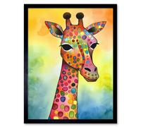 Artery8 Framed Wall Art Giraffe With Multicolour Pattern Folk Art Watercolour Painting - 12X16 Inch