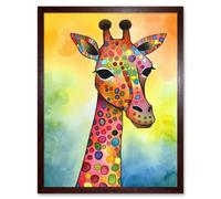 Artery8 Wall Art Print Giraffe With Multicolour Pattern Folk Art Watercolour Painting Art Framed in Brown | Size: W12" x H16" Artery8 Brown W12" x H16"
