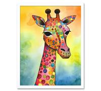 Artery8 Wall Art Print Giraffe With Multicolour Pattern Folk Art Watercolour Painting Art Framed in White | Size: W12" x H16" Artery8 White W12" x H16"