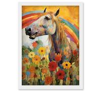 Artery8 Girls Bedroom Nursery Artwork Rainbow Horse With Flowers Bright Colourful Happy Artwork Framed Wall Art Print A4