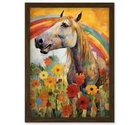 Artery8 Girls Bedroom Nursery Artwork Rainbow Horse With Flowers Bright Colourful Happy Artwork Framed Wall Art Print A4