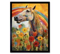 Artery8 Wall Art Print Girls Bedroom Nursery Artwork Rainbow Horse With Flowers Bright Colourful Happy Art Framed in Black | Size: W12" x H16" Artery8 Black W12" x H16"