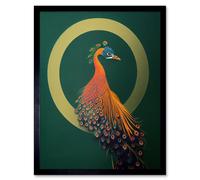 Artery8 Wall Art Print Glamorous Stylish Chic Modern Peacock Green Gold Orange Art Framed in Black | Size: W12" x H16" Artery8 Black W12" x H16"