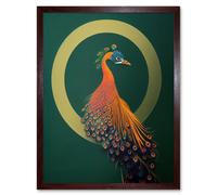 Artery8 Wall Art Print Glamorous Stylish Chic Modern Peacock Green Gold Orange Art Framed in Brown | Size: W12" x H16" Artery8 Brown W12" x H16"