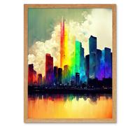 Artery8 Wall Art Print Glass City Of Rainbow Reflections Cityscape Art Framed in Light Oak | Size: W12" x H16" Artery8 Light Oak W12" x H16"