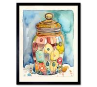 Artery8 Wall Art Print Glass Cookie Jar With Sweets Folk Art Watercolour Painting Art Framed in Black | Size: W12" x H16" Artery8 Black W12" x H16"