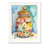 Artery8 Wall Art Print Glass Cookie Jar With Sweets Folk Art Watercolour Painting Art Framed in White | Size: W12" x H16" Artery8 White W12" x H16"