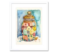 Artery8 Wall Art Print Glass Cookie Jar With Sweets Folk Art Watercolour Painting Kitchen Artwork Framed 9X7 Inch in White | Size: W7" x H9" Artery8 White W7" x H9"