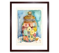 Artery8 Wall Art Print Glass Cookie Jar With Sweets Folk Art Watercolour Painting Kitchen Artwork Framed 9X7 Inch in Brown | Size: W7" x H9" Artery8 Brown W7" x H9"