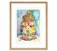 Artery8 Wall Art Print Glass Cookie Jar With Sweets Folk Art Watercolour Painting Kitchen Artwork Framed 9X7 Inch in Beige | Size: W7" x H9" Artery8 Beige W7" x H9"