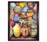 Artery8 Wall Art Print Glazed Ceramic Pot Vases Folk Art Framed in Brown | Size: W12" x H16" Artery8 Brown W12" x H16"