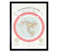 Wall Art Print Gleason 1892 New Standard Map of the World Time Calculator Flat Earth Vintage Poster Art Framed Artery8 Black W12 inch x H16 inch