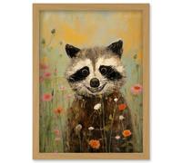 Artery8 Wall Art Print Gleeful Raccoon Picking Flowers Oil Painting Red White Blooms Spring Meadow Landscape Kids Bedroom Artwork Framed A4 Artery8 Light Oak A4