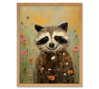 Artery8 Wall Art Print Gleeful Raccoon Picking Flowers Oil Painting Red White Blooms Spring Meadow Landscape Kids Bedroom Art Framed Artery8 Light Oak W12" x H16"