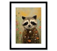 Artery8 Wall Art Print Gleeful Raccoon Picking Flowers Oil Painting Red White Blooms Spring Meadow Landscape Kids Bedroom Artwork Framed 9X7 Inch Artery8 Black W7" x H9"