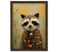 Artery8 Wall Art Print Gleeful Raccoon Picking Flowers Oil Painting Red White Blooms Spring Meadow Landscape Kids Bedroom Artwork Framed A4 in Brown Artery8 Brown A4