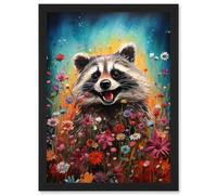 Wall Art Print Gleeful Racoon Quirky Portrait Spring Makes Everything Better Oil Painting Kids Bedroom Blooming Wildflower Meadow Artwork Framed A4 Artery8 Black A4