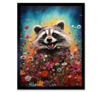 Artery8 Wall Art Print Gleeful Racoon Quirky Portrait Spring Makes Everything Better Oil Painting Kids Bedroom Blooming Wildflower Meadow Art Framed Artery8 Black W12&quot; x H16&quot;