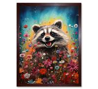 Artery8 Wall Art Print Gleeful Racoon Quirky Portrait Spring Makes Everything Better Oil Painting Kids Bedroom Blooming Wildflower Meadow Art Framed Artery8 Brown W12&quot; x H16&quot;
