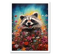 Artery8 Wall Art Print Gleeful Racoon Quirky Portrait Spring Makes Everything Better Oil Painting Kids Bedroom Blooming Wildflower Meadow Art Framed Artery8 White W12&quot; x H16&quot;