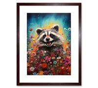 Artery8 Gleeful Racoon Quirky Portrait Spring Makes Everything Better Oil Painting Kids Bedroom Blooming Wildflower Meadow Artwork Framed Wall Art Print 9X7 Inch