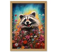Wall Art Print Gleeful Racoon Quirky Portrait Spring Makes Everything Better Oil Painting Kids Bedroom Blooming Wildflower Meadow Artwork Framed A4 Artery8 Light Oak A4
