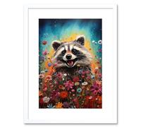 Artery8 Wall Art Print Gleeful Racoon Quirky Portrait Spring Makes Everything Better Oil Painting Kids Bedroom Blooming Wildflower Meadow Artwork Artery8 White W7&quot; x H9&quot;