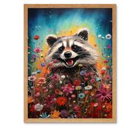 Artery8 Wall Art Print Gleeful Racoon Quirky Portrait Spring Makes Everything Better Oil Painting Kids Bedroom Blooming Wildflower Meadow Art Framed Artery8 Light Oak W12&quot; x H16&quot;