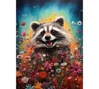 Artery8 Wall Art Print Gleeful Racoon Quirky Portrait Spring Makes Everything Better Oil Painting Kids Bedroom Blooming Wildflower Meadow Poster Artery8 Blue W12&quot; x H16&quot;