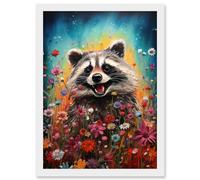 Wall Art Print Gleeful Racoon Quirky Portrait Spring Makes Everything Better Oil Painting Kids Bedroom Blooming Wildflower Meadow Artwork Framed A4 Artery8 White A4