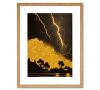 Artery8 Wall Art Print Gold & Black Thunder Storm with Bright Lightning at Lakeside Tree Silhouette Artwork Framed 9X7 Inch in Beige | Size: W7" x H9" Artery8 Beige W7" x H9"