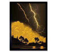 Artery8 Wall Art Print Gold & Black Thunder Storm with Bright Lightning at Lakeside Tree Silhouette Art Framed | Size: W12" x H16" Artery8 Black W12" x H16"