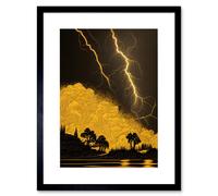 Artery8 Wall Art Print Gold & Black Thunder Storm with Bright Lightning at Lakeside Tree Silhouette Artwork Framed 9X7 Inch | Size: W7" x H9" Artery8 Black W7" x H9"