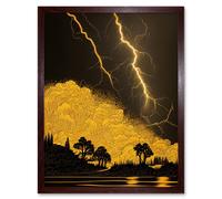 Artery8 Wall Art Print Gold & Black Thunder Storm with Bright Lightning at Lakeside Tree Silhouette Art Framed in Brown | Size: W12" x H16" Artery8 Brown W12" x H16"