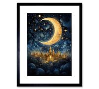Artery8 Wall Art Print Golden City in the Clouds Surreal Artwork Blue Gold Crescent Moon Starry Night Fairytale Artwork Framed 9X7 Inch Artery8 Black W7" x H9"
