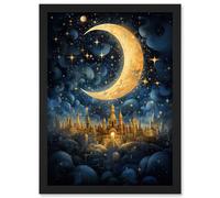 Wall Art Print Golden City in the Clouds Surreal Artwork Blue Gold Crescent Moon Starry Night Fairytale Artwork Framed A4 Artery8 Black A4