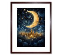 Artery8 Wall Art Print Golden City in the Clouds Surreal Artwork Blue Gold Crescent Moon Starry Night Fairytale Artwork Framed 9X7 Inch Artery8 Brown W7" x H9"