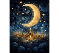 Artery8 Wall Art Print Golden City in the Clouds Surreal Artwork Blue Gold Crescent Moon Starry Night Fairytale Poster in Black | Size: W24" x H32" Artery8 Black W24" x H32"